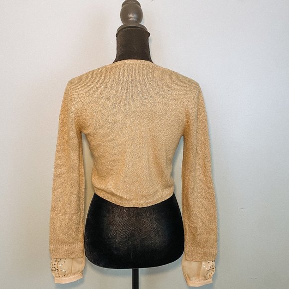 INC International Concepts Mustard 3/4 sleeve Sequined Cuffs & Tie Front Sweater - Picture 6 of 12